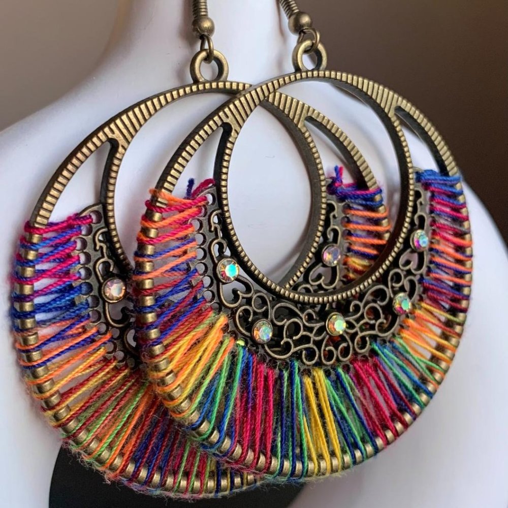 'Vintage' Gold Boho Multicolor Thread Rhinestone Round Filigree Dangle Earrings